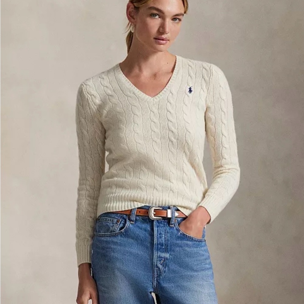 Ralph Lauren Ivory Cable-Knit V-Neck Sweater